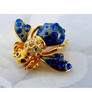 Joan Rivers Cosmic Bee Brooch Pin Blue Crystal Enameled Gold Green Eyes Vtg